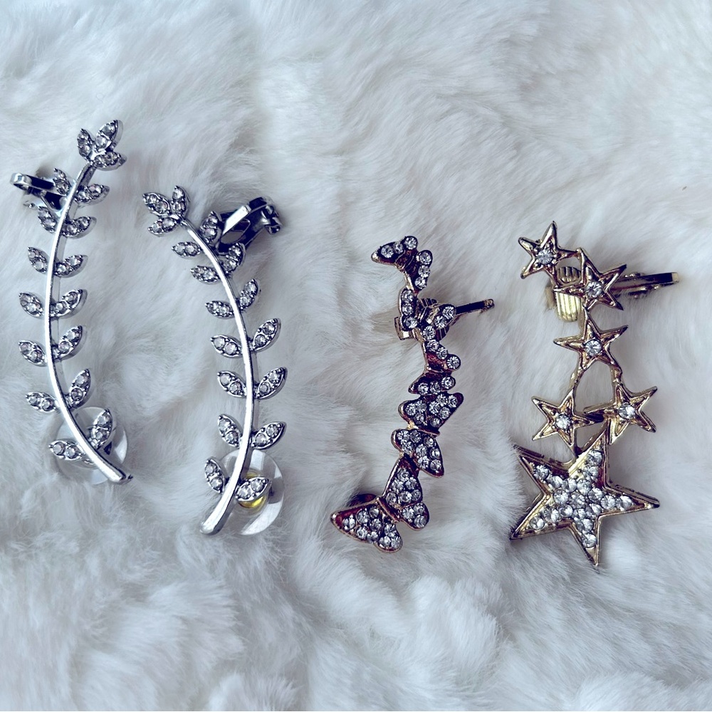 4 pc. 1 set silver rhinestone leaf, gold butterfly & 1 star pierced cuff earring